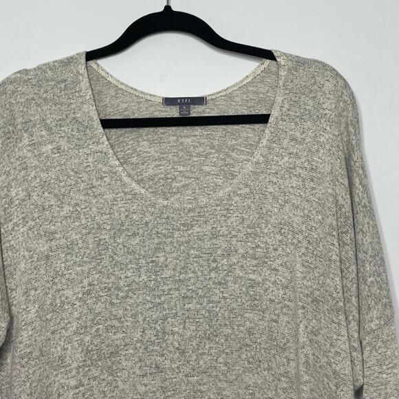 Gyft Long Sleeve Top Scoop Neck Drop Shoulder Sweater Gray Tan Lagenlook L - Picture 2 of 11